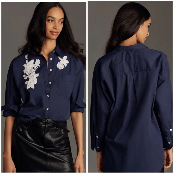 Anthropologie Maeve The Bennet Buttondown Shirt Embroidered XSP oversized Navy - Picture 1 of 16
